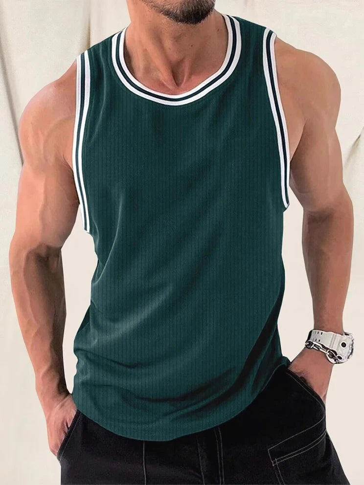 Voguable Ice Silk Muscle Vest Elastic Ribbed Texture Sporty Sleeveless T-Shirt for Young Men Summer Season Regular Thickness round Neck voguable