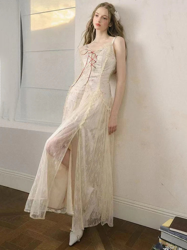 Elegant Lace Patchwork Camis Dress Women Summer Sexy Backless Hollow Out Midi Dress Y2K Fashion Lace Up Streetwear Vestidos voguable