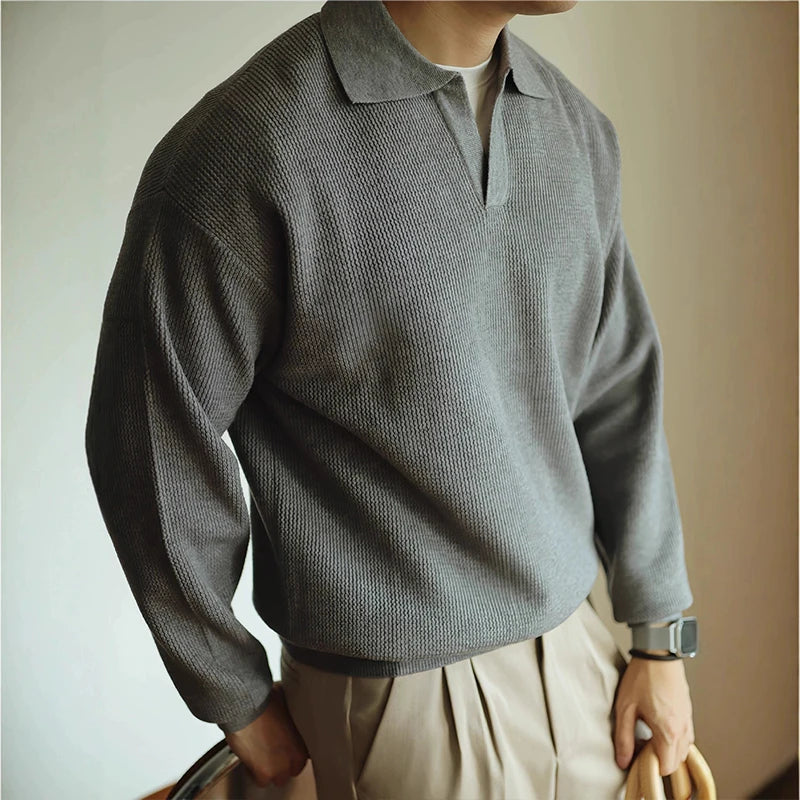 New American Chic Men Polo Sweater Luxury Trendy Business V Neck Knit Solid Color Pullover Leisure Slim-fit Long Sleeve Knitwear voguable