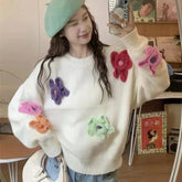 Voguable 3D Floral Sweet Knit Sweater Women Loose Casual Lazy Wind Cute Long Sleeve Pullovers French Fall Winter Solid O Neck Jumpers New voguable
