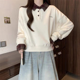 Voguable Fashion Plaid Women Sweatshirts Fall Korean Button Patchwork Oversize Pullovers Simple Loose Long Sleeve Chic Casual Female Tops voguable