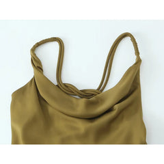 Voguable New Women Olive Green Satin Slip Dress Crossed Double Thin Strap Back Neckline Female Party Sexy Dresses voguable
