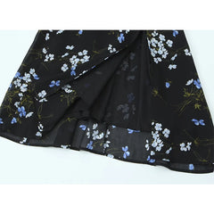 Summer Women French Style Retro Floral Print Sling Dresses Sexy Hem Slit High Waist A-line Midi Dress Holiday Robe