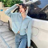 Voguable Sweet Cute Solid Zipper Pullovers Women Fashion Leisure All-match Retro Simple Vintage Loose Female Zipper Knitwear Top voguable