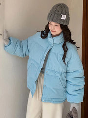 Women Sweet Corduroy Parkas Warm Long Sleeve Retro Stand Collar Cotton Coat Winter Thick Casual Preppy Style Korean Jacket voguable