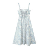 Sexy Elegant Women French Floral Print Sling Midi Dresses Front Slit Lacing Up Back Female A-line Summer Dress Holiday