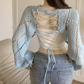 Voguable 2024 Summer New Korean Hollow Sexy Backless Lace-up Solid Color Long-sleeved Sweater Women + Basic Camisole Two-piece Suit voguable