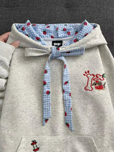 Voguable Kawaii Cartoon Embroidery Hoodies Women Plaid Patchwork Bandage Bow Hooded Sweatshirts Autumn Winter Loose Casual Lazy Wind Tops voguable