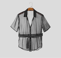 Men Striped Shirt Mesh Lapel Short Sleeve Men Clothing Sexy Lace Up Transparent Streetwear Summer Fashion Male Shirts voguable