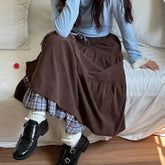 Voguable Corduroy Vintage Long Skirt Japanese Preppy Plaid Patchwork High Waist Women Skirts Harajuku Retro Loose Casual Sweet Cake Skirt voguable