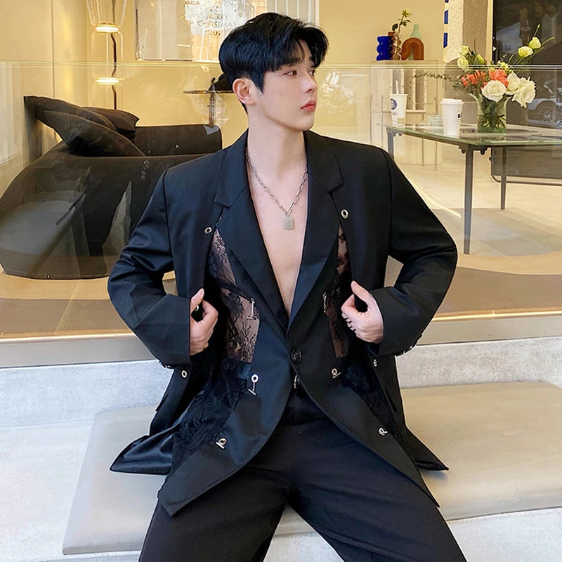 Voguable 2024 Spring Niche Designer Splicing Lace Blazer Outerwear Men's High Street Elegant Original Fashion Suit Jacket voguable