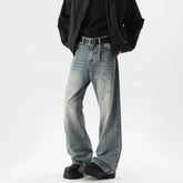 Summer Men's Denim Pants Old Blue Washed Male Jeans Straight fleck Casual Menwear Loose Wide Leg Trousers New Fashion