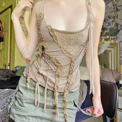 Voguable Fairycore Lace Ruffle Pearl Chain Decorate Crop Top Coquette Sleeveless Tops Grunge 2000S Y2K Camis Cute Tank Tops Sexy voguable