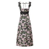 Women Rose Floral Print Sleeveless Midi Long Dress Backless V Neck High Waist A-line Summer Dress Lace Spliced Robe