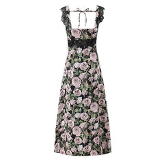 Women Rose Floral Print Sleeveless Midi Long Dress Backless V Neck High Waist A-line Summer Dress Lace Spliced Robe