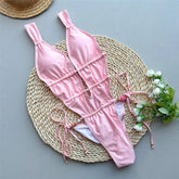 Voguable Sexy Pink Backless Swimwear One Piece Swimsuit Woman Summer String Lace-up Cross Swimming Wear Deep V Neck Bathing Suit voguable