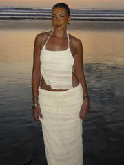 Chiffon Lace Sexy Skirt Two Piece Sets Women Halter Crop Tops And Maxi Skirt Ladies Fashion Woman Long Dress Set voguable