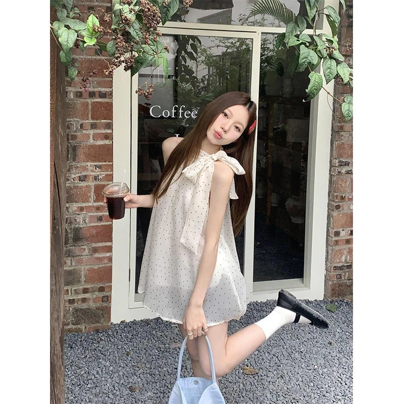 Sweet Dot Shirts Women Elegant Bow Bandage Blouses Vintage Halter Print Tops Summer Korean Sleeveless Casual Clothes New voguable