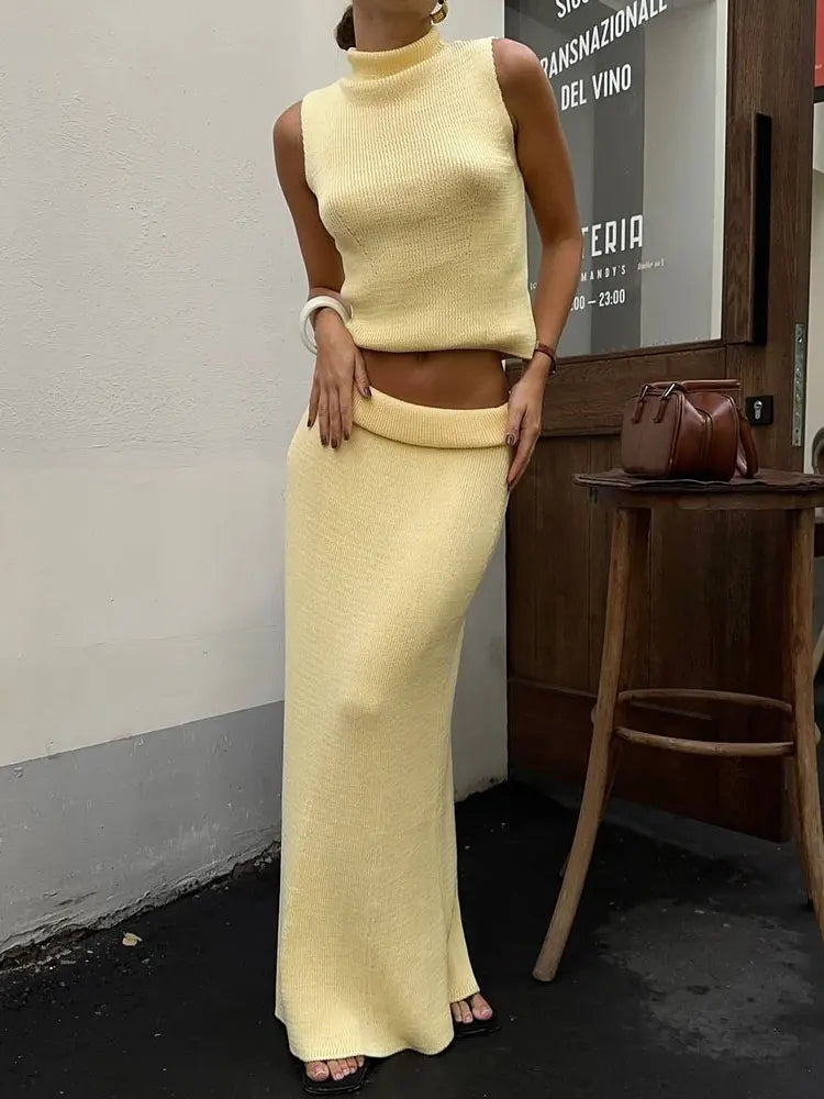 Elegant Knitwear 2 Piece-Set Long Dress Female Ribbed Sweater Pullover And Loose Patchwork Maxi Skirt Sets Ladies Outfits voguable