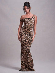 Leopard Print Incline Shoulder Sexy Maxi Dress Women Fashion Irregular Sleeveless Backless Club Party Long Dress voguable