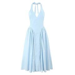 New Elegant Blue Halter Midi Long Dress Women Sexy Backless Deep V Neck Low Waist A-line Summer Dresses Party Robe voguable