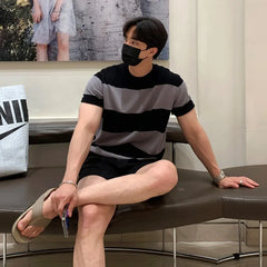 Men's Luxury Knitted Texture Striped T Shirt Casual Streetwear O Neck Button Short-Sleeved Tees Fashion Leisure Knitwear voguable