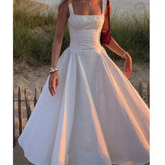 YENKYE New Women Midi Long White Tank Dress Sexy Sleeveless Low Waist Elegant Holiday Party Dresses Female Cotton A-line Robe voguable