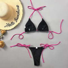 Voguable Sexy Black Patchwork Micro Bikini Women Neon Green Strap Push Up Bra Tie Side Thong Swimsuit Beach Bathing Suit Swimwear voguable