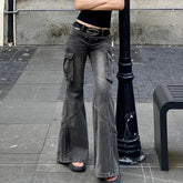 Voguable American Retro Pleated Pockets Loose Casual Wide Leg Jeans Women 2024 Spring New Low Waist Washed Distressed Cargo Pants voguable