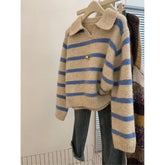 Voguable Lapel Blue Striped Autumn Winter Sweater Long-sleeved Sweater Pullover Top Layered Versatile Short Style voguable