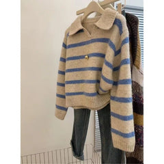 Voguable Lapel Blue Striped Autumn Winter Sweater Long-sleeved Sweater Pullover Top Layered Versatile Short Style voguable