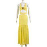 Voguable Yellow Sexy Hollow Out Sequined Two Piece Women Dress Sets Summer Fashion Backless Cropped Top and Mesh Pleated Long Skirts voguable
