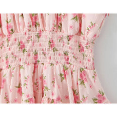 Sweet Women Pink Floral Print Mini Dress Sexy Off Shoulder Short Sleeve Elastic Waist Holiday Party Dress Summer Robe voguable