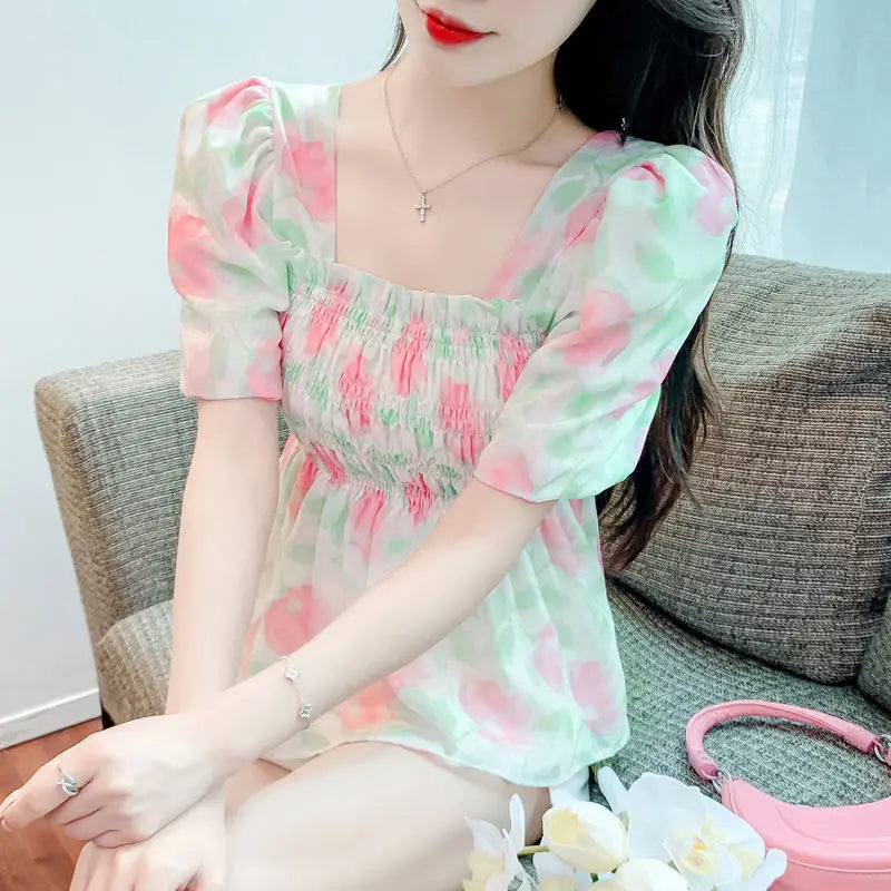 Voguable Summer Square Collar Bubble Sleeve Floral Top voguable