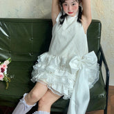 Voguable Ruffles Bow Women Vest Dress Korean Sweet Sleeveless O Neck Princess Cake Dress White Kawaii Simple Fashion Mini Vestidos New voguable