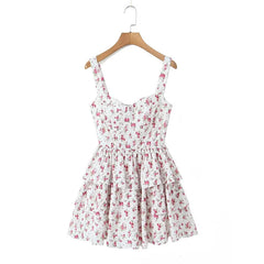 Sweet Women Floral Print Slim Mini Dress Cute Spaghetti Strap Chic Backless Holiday Party Dresses Summer Beautiful Robe voguable