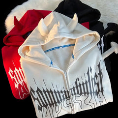 Voguable Dark Designer Devil Horn Tail Zip Up Hoodies Jackets Teenage Y2K Top Goth Print Oversized Sweatshirt Loose Casual Winter Clothes voguable