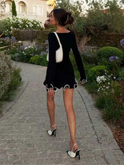 Elegant Round Neck Pleat Long Sleeve Women's Dress Casual Slim Black White Short Dresses 2024 New Female Chic Party Street Robes voguable