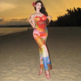 Voguable French Beach Hotsweet Women Camisole Sexy Dress Slim Watercolor Smudge Hip Dress High Waist Sleeveless Vacation Long Dress voguable