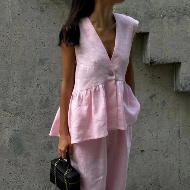 Fashion Women's Trouser Suits Sleeveless V-Neck Top Women Casual Straight Pants Sets Summer Women's Suit Commuter 2 Piece Set voguable