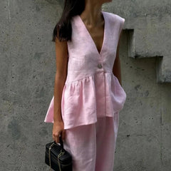 Fashion Women's Trouser Suits Sleeveless V-Neck Top Women Casual Straight Pants Sets Summer Women's Suit Commuter 2 Piece Set voguable