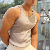 Men's Fitness Vest Cotton Breathable Vertical Striped Sleeveless Tops Solid Color Sports Casual Tank Gym Muscular Men Clothes voguable