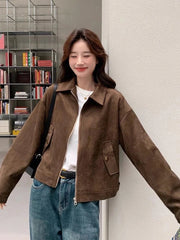 American Y2K Jacket Women Vintage Loose Faux Suede Long Sleeve Casual Coat Hip Hop Fall Winter Lady Streetwear New Outwear voguable