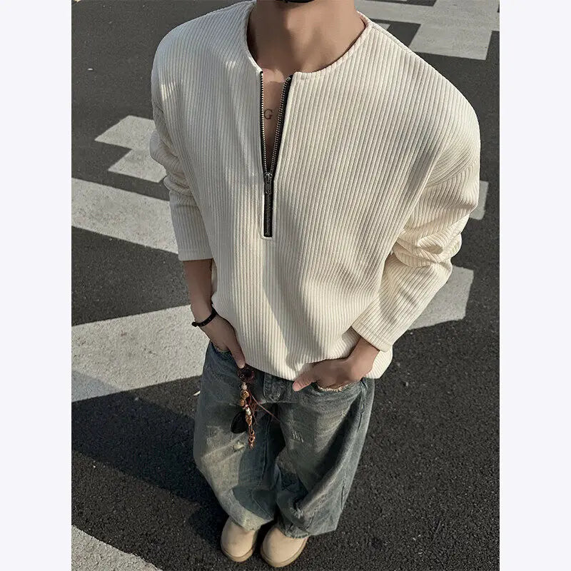 New Men Slim Fit Half Zip Solid Color Round Neck Long Sleeve Tshirt Spring Base shirt Casual Streetwear Hot Sale Trend T shirt voguable