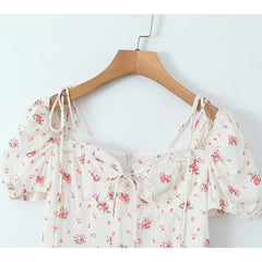 Sexy Elegant Women French Style Floral Print Dress Vintage Puff Sleeve Female Summer Holiday Party Dresses Slim Mini Robe voguable