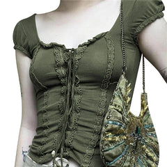 y2k Tops Women Coquette Clothing Lace Trim Tie Front V Neck Short Sleeve T Shirts 2000s Grunge Clothes Streetwear voguable