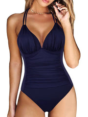 Voguable Sexy Solid Laced Up Pleated One Piece Swimsuit Women Beach Vacation Bikinis New All Season Backless One Piece Swimsuit voguable