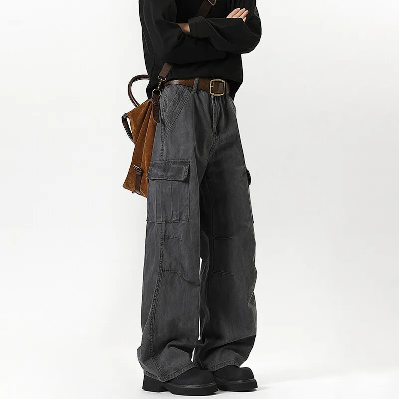 Mens Workwear Cargo Jeans Straight Loose Fit Patchwork Design Denim Pants Casual Outdoor Streetwear Tactical Utility Clothing voguable
