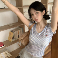 Women Sweet Plaid Skinny Short Sleeve Cherry Embroidery Mesh Slim Crop Top Korean Style Ruffle Edge Transparent Casual T-Shirts voguable