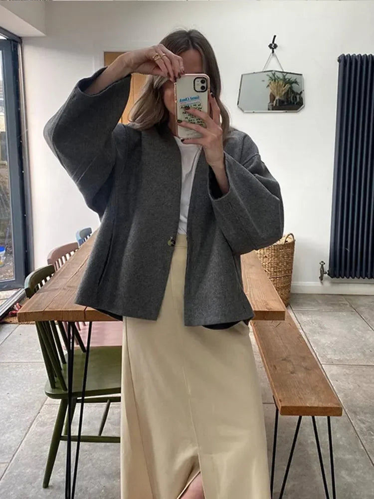 Women Casual Grey Single Button Woolen Cardigan Coat Long Sleeve V Neck Loose Jacket Autumn Winter Female High Street Outerwear voguable